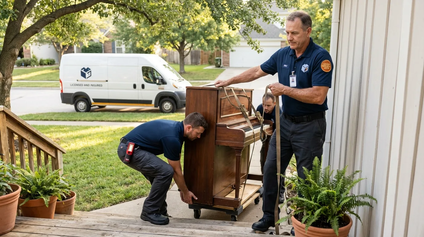 Licensed piano movers securing grand piano in Huntingdon, PA