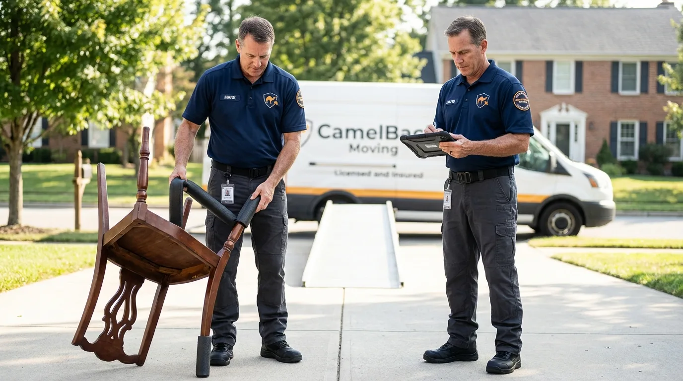 Movers inspecting furniture for damage prevention before loading in Huntingdon, PA