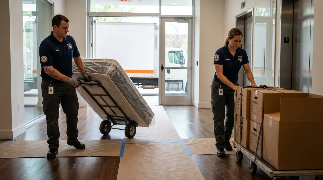 Professional apartment movers loading elevator in Huntingdon, PA